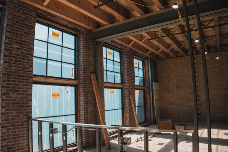 View of windows during a historic renovation construction project.